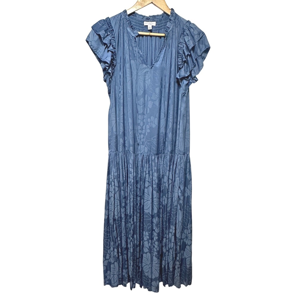 Anthropologie Current Air Floral Tiered Midi Dress Womens S Blue Ruffle Sleeve‎